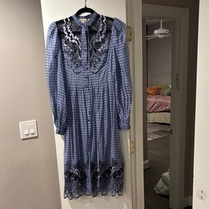 Temperley London Blue Checked Long Sleeve Midi Dress with Black Embroidered Yoke